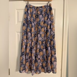 aerie Floral Tiered Maxi Skirt in Navy, Mustard & Lavender